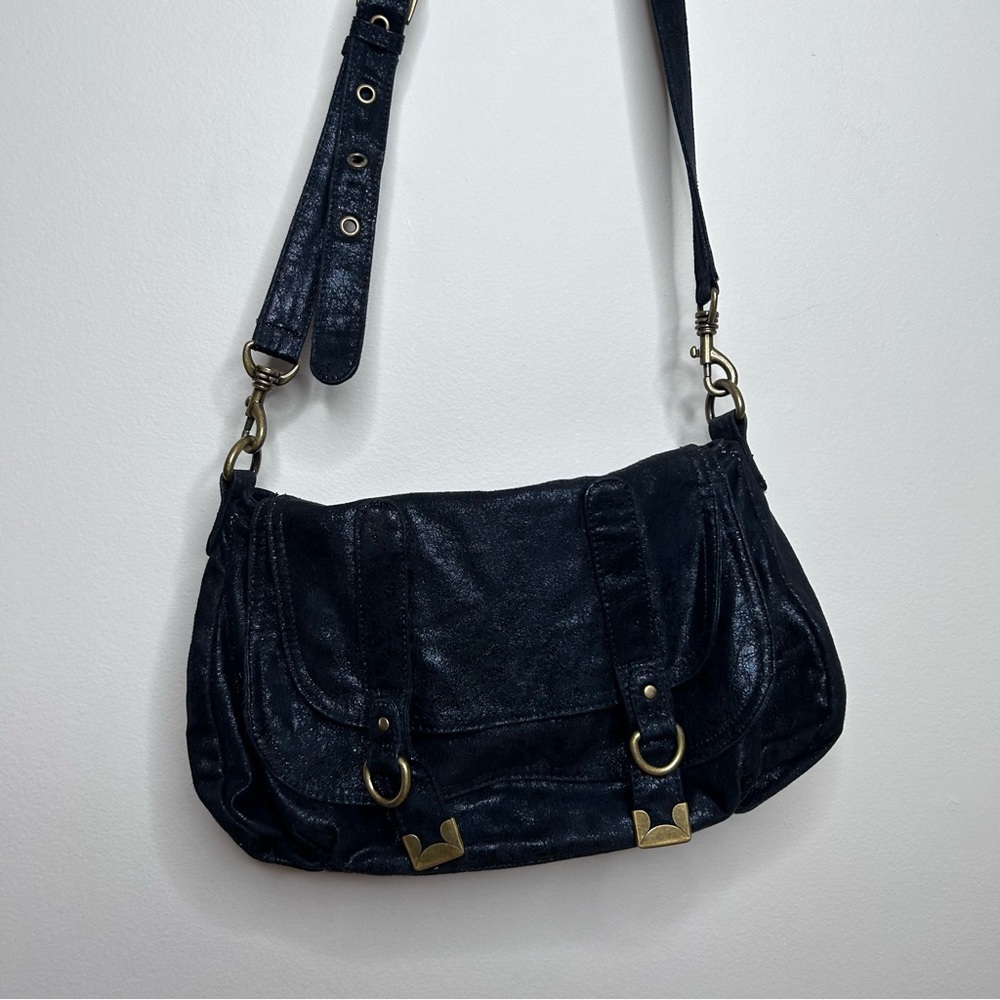 Matt & Nat Faux Suede Metallic Sparkle Black Crossbody with Buckles